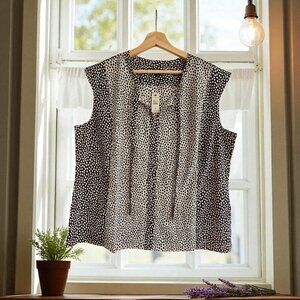 Talbots Womens Polka Dot Sleeveless Blouse XL Black White Lightweight Semisheer